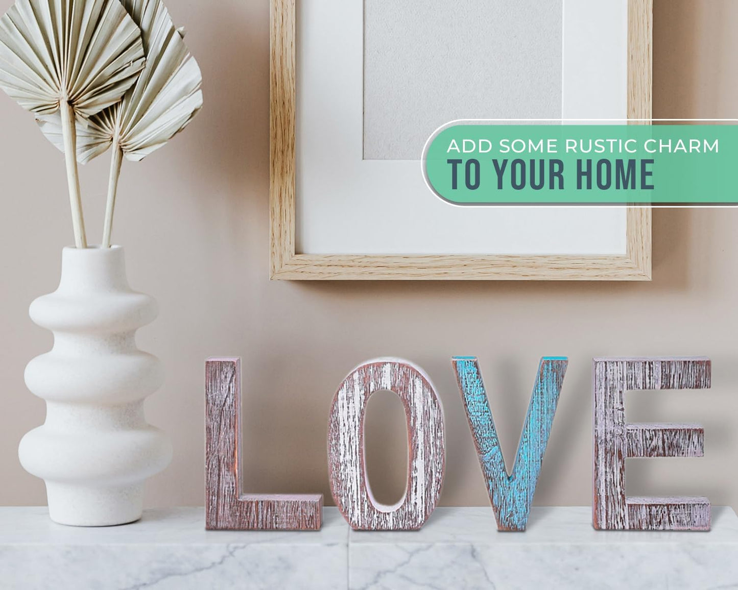 “LOVE” Decorative Wooden Letters – Large Wood Letters for Wall Décor in Rustic Blue, White and Grey – Rustic Home Decoration for Living Room - Rustic Home Décor Accents – Farmhouse Decor