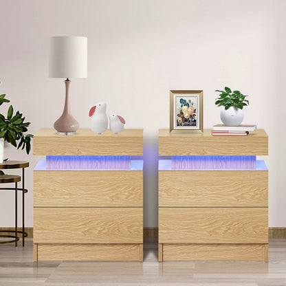2 Drawer Modern Nightstand with RGB LED Light High Gloss Bedside Tables for Bedroom Wood Color