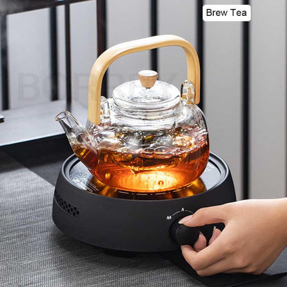Handle Glass Teapot Heat-Resistant Teapot Flower Tea Kettle Large Clear Fruit Juice Container Ceramic Teapot Holder Base