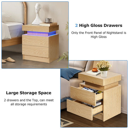 2 Drawer Modern Nightstand with RGB LED Light High Gloss Bedside Tables for Bedroom Wood Color