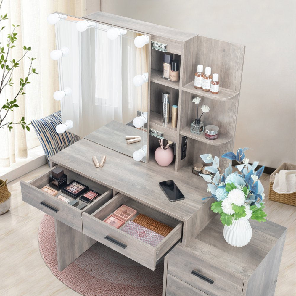 Lighted Vanity Makeup Table Set with Charging Station, Sliding Mirror with Cushioned Stool
