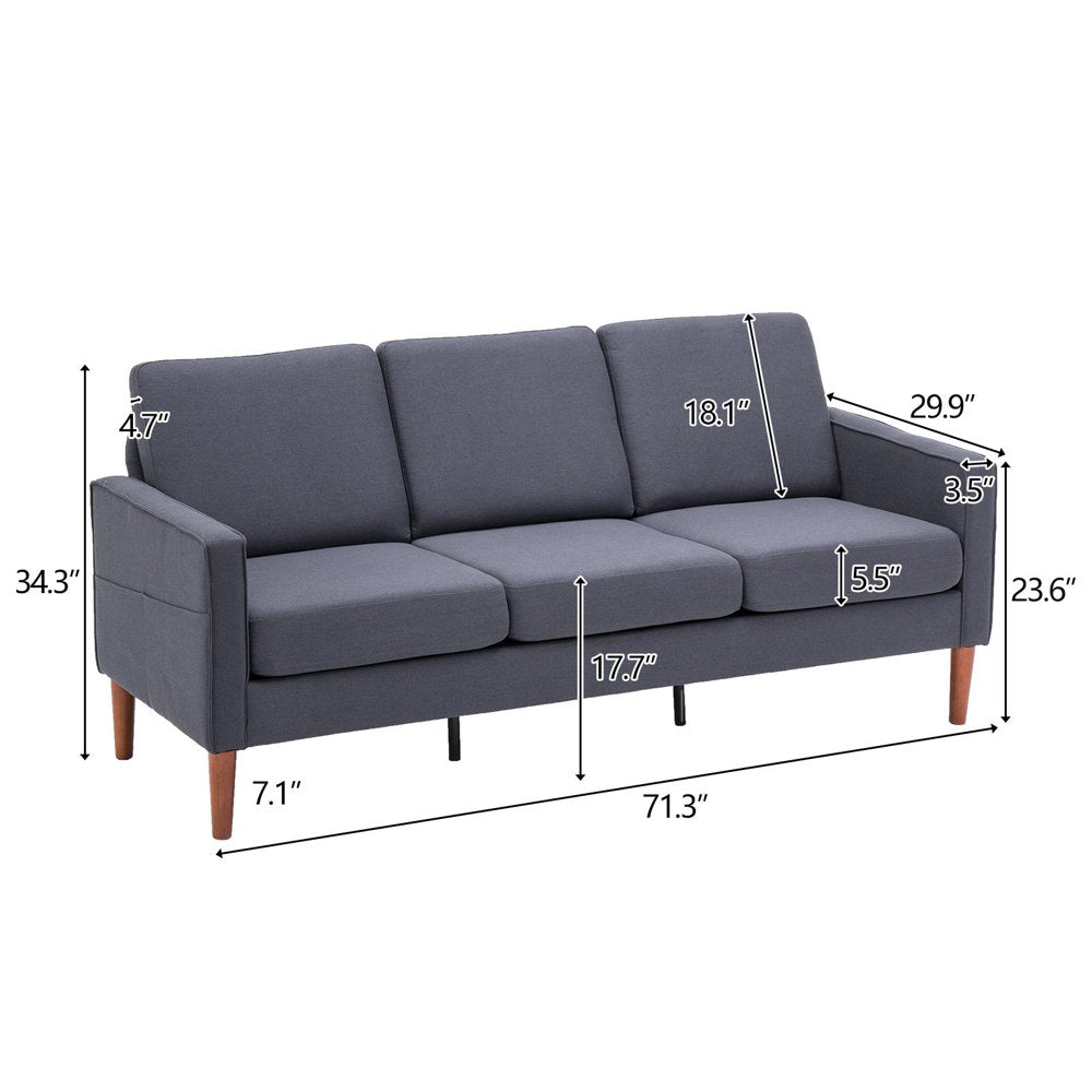 3 Seat Couch Mid Century Fabric Sofa with Wood Legs, Comfortable Sofa Couch for Small Apartment Living Room Bedroom Dark Grey