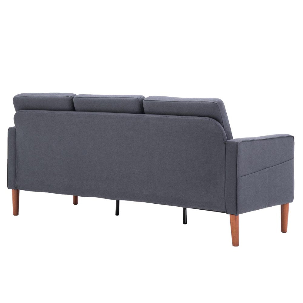 3 Seat Couch Mid Century Fabric Sofa with Wood Legs, Comfortable Sofa Couch for Small Apartment Living Room Bedroom Dark Grey