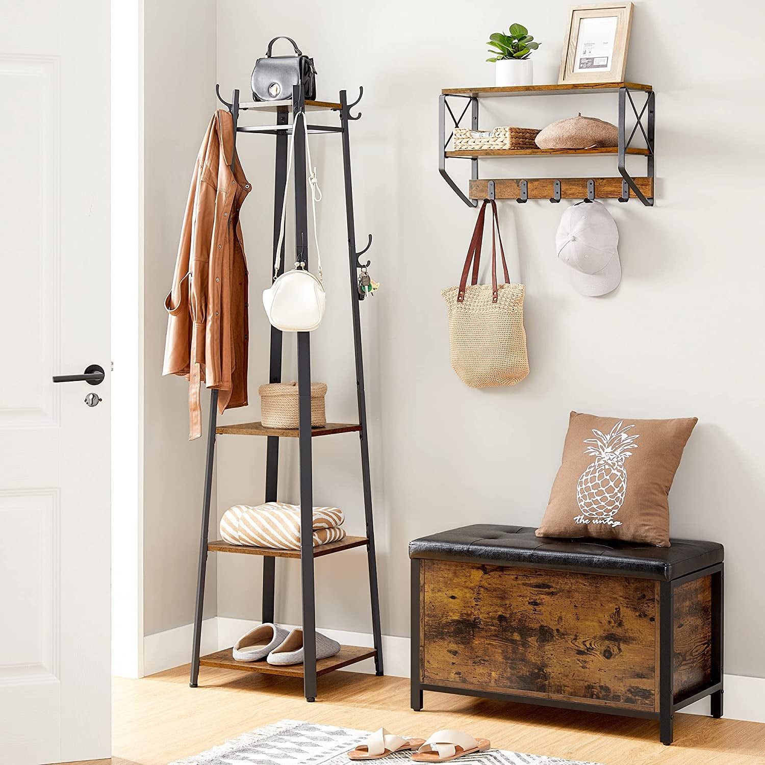 ALINRU Coat Rack with 3 Shelves, Stand with Hooks for Scarves, Bags and Umbrellas, Steel Frame, Industrial Style, Rustic Brown and Black ULCR80X