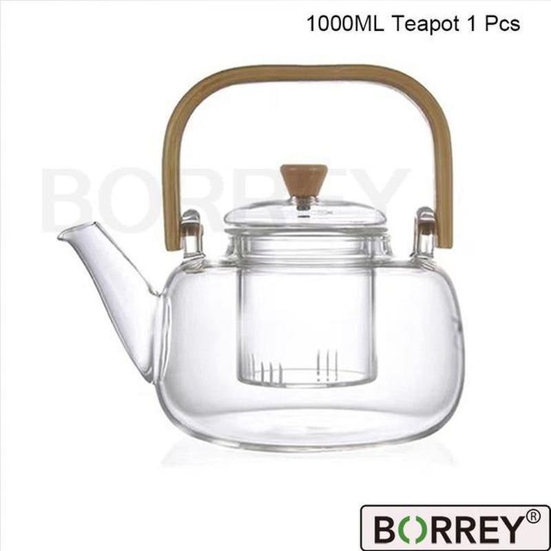 Handle Glass Teapot Heat-Resistant Teapot Flower Tea Kettle Large Clear Fruit Juice Container Ceramic Teapot Holder Base
