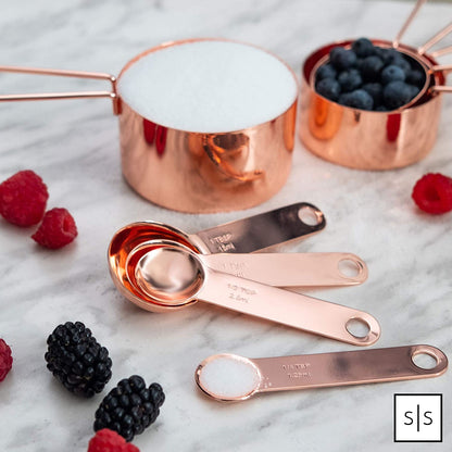 Copper Measuring Cups and Spoons Set - Metal Measuring Cups and Spoons Set - Stackable, Stylish, Sturdy Stainless Steel (8-Piece) - Rose Gold Measuring Cups and Spoons Set